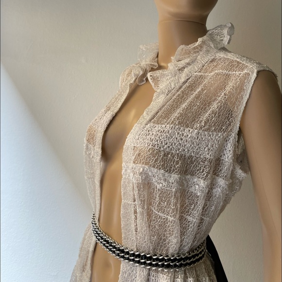 White lace sequined detail ruffled neck  cover up overall long dress OS - Picture 9 of 15